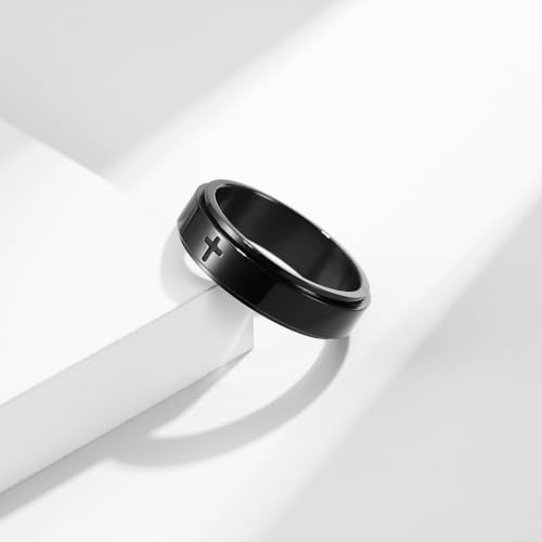 8MM Stainless Steel Cross Christian Ring Classic Plain Spinner Wedding Band for Men Women - color: 6mm - Black