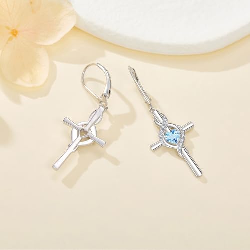 ONEFINITY Cross Earrings for Women 925 Sterling Silver Cross Birthstone Dangle Drop Earrings Infinity Cross Religious Jewelry Gifts for Women - color: 03-Mar-Created Aquamarine