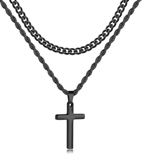 Fiusem 2 Pcs Cross Necklace Chain for Men and Women, Layered Mens Cross Necklaces Stainless Steel Pendant Cuban Link Rope Chain 16-26 Inch, Jewelry Gift - size: 20in/22in, style: Rope & Cuban Small Black Cross (1.2" * 0.7")
