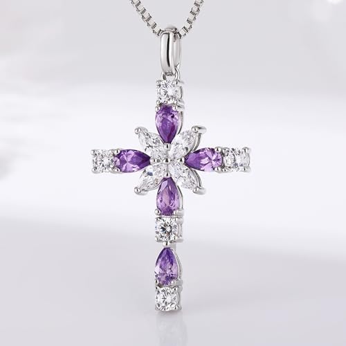 925 Sterling Silver Cross Necklace for Women，Birthday Delicate Star Cross Necklace Jewelry Gifts for Women，Birthstone Religious Jewelry for Mom, Chain 18 inch - color: F. 6. Light Purple-June