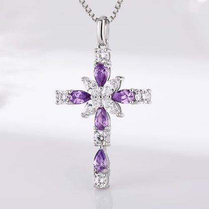 925 Sterling Silver Cross Necklace for Women，Birthday Delicate Star Cross Necklace Jewelry Gifts for Women，Birthstone Religious Jewelry for Mom, Chain 18 inch - color: F. 6. Light Purple-June
