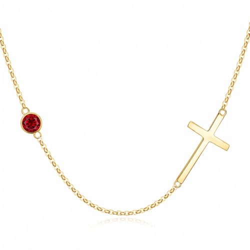 OJK 14K Gold Cross Necklace for Women Sideways Cross Birthstone Jewelry - color: 01-Garnet