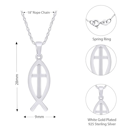 Christian Fish Cross Pendant Necklace for Women Religious Faith Jewelry - color: white-gold-plated-silver