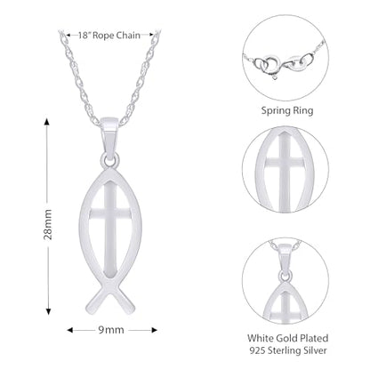Christian Fish Cross Pendant Necklace for Women Religious Faith Jewelry - color: white-gold-plated-silver