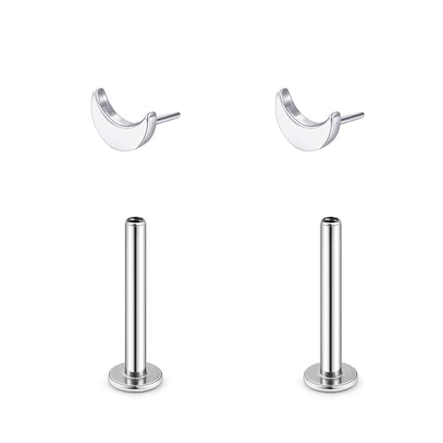 1 Pairs G23 Titanium 20G/18G/16G Press Fit Threadless Push Pop Top 4mm Flat Back Piercing Lip Stud Earring Labret Monroe Lip Ring Tragus Cartilage Bar Lehgth 6mm-12mm - color: 1 Pair Moon