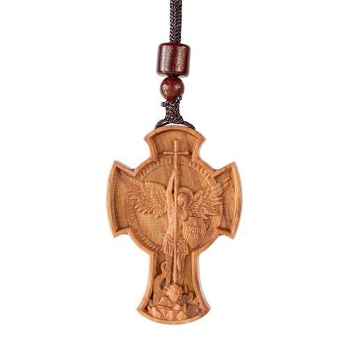 Wooden Archangel St. Michael Necklace, Carved Olive Wood, Wooden Religious Pendant Jewelry (Cross) - color: Cross