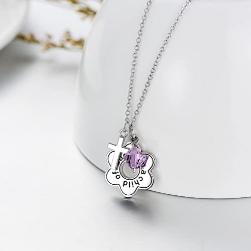 AOBOCO 925 Sterling Silver I Am a Child of God Daisy Necklace Jewelry Birthday Birthday Baptism Communion Gifts for Girls - color: Light purple