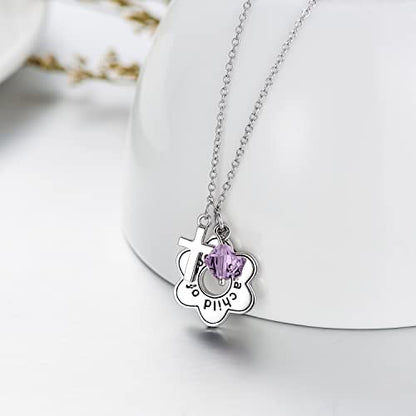 AOBOCO 925 Sterling Silver I Am a Child of God Daisy Necklace Jewelry Birthday Birthday Baptism Communion Gifts for Girls - color: Light purple