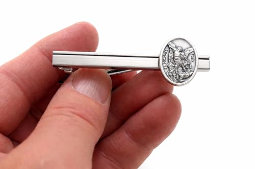 Saint Michael Silver Tie Clip – Archangel Michael Religious Tie Bar for Men, Catholic Christian Gift