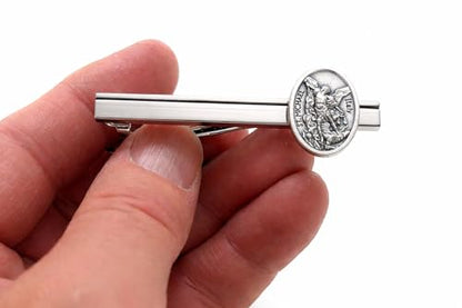 Saint Michael Silver Tie Clip – Archangel Michael Religious Tie Bar for Men, Catholic Christian Gift