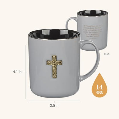 Christian Art Gifts Large Ceramic Coffee Scripture Mug for Men & Women - color: Gray & Black/Metal Cross