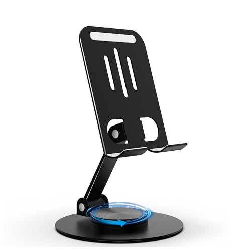 Metal Cell Phone Stand for Desk, Multi-Angel Adjustable 360° Rotation Desktop Phone Holder and Foldable Mobile Phone Stand, Compatible with All Smartphones, Black - color: Black