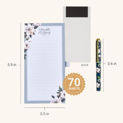 Christian Art Gifts Magnetic Notepad & Pen Set for Women, Strength &Dignity - color: White & Teal Floral/Strength & Dignity