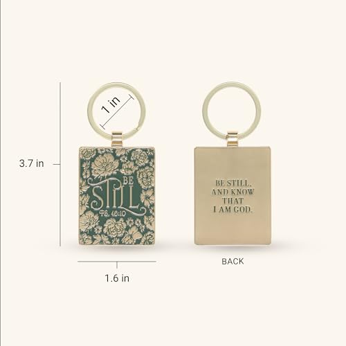 Christian Art Gifts Novelty Scripture Keychains for Men & Women: Large Rectangular Engraved Keyrings, Multicolor Designs - color: Be Still/Dark Green & Gold Floral