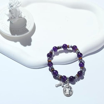 Rosary for Men Women, Natural Stone Beads with St. Benedict Bracelet - color: Purple