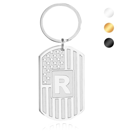 Initial Keychain for Men, A-Z Letter American Flag KeyChain Gifts for Men - color: Silver R