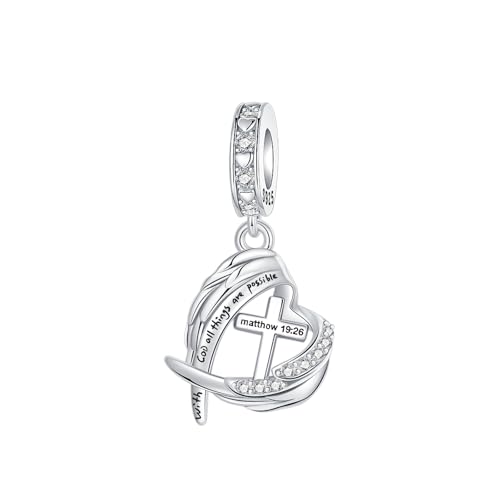 LUXILLA 925 Sterling Silver Charm Golden Family Tree Sparkling Cross Cute Dragon Charms Fits Bracelets Necklace Pendant Bead Jewelry Gift for Women Family Friends - color: Angel Wing Cross Charm