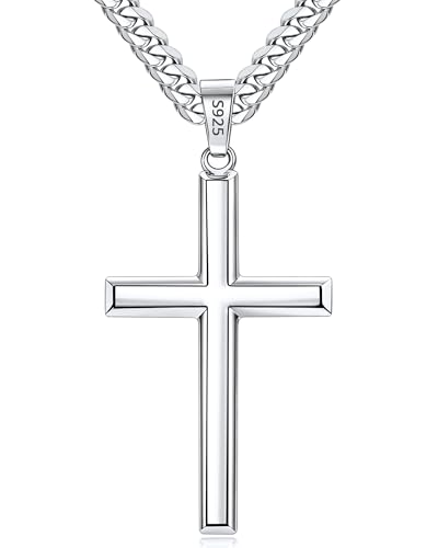 925 Sterling Silver Modern Cross Necklace for Men, 18K Gold Plated Pendant with 4mm 316L Stainless Steel Diamond-Cut Cuban Chain for Men, Cross Necklaces Jewelry Gift, 16-26 Inch - color: Silver - small cross, size: 20 Inch