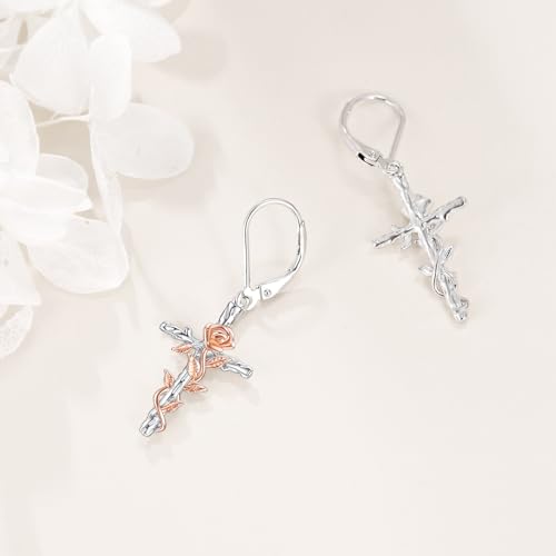 LUHE Sterling Silver Corss/Daisy/Musica Note Dangle Earrings for Women - style: Rose Flower Cross Earrings