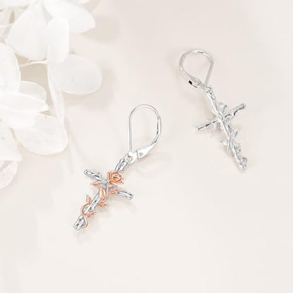 LUHE Sterling Silver Corss/Daisy/Musica Note Dangle Earrings for Women - style: Rose Flower Cross Earrings