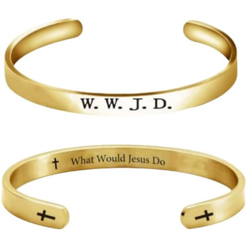 Pingyongchang 1Pcs WWJD Stainless Steel Prayer Bangle Cuff Open Bracelets What Would Jesus Do Engraved Cross Bible Verse Bracelet Women Men Inspirational Religious Christian Jewelry - color: Gold