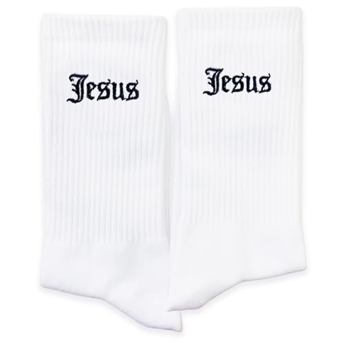 Christian Embroidered Crew Socks, Jesus Faith Religious Socks for Women and Men, Cross Scripture Novelty Gift Socks - color: Gothic Jesus White