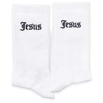 Christian Embroidered Crew Socks, Jesus Faith Religious Socks for Women and Men, Cross Scripture Novelty Gift Socks - color: Gothic Jesus White
