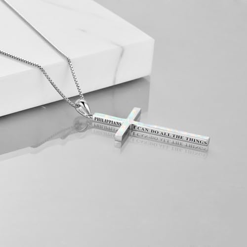 POPLYKE Cross Necklace 925 Sterling Silver Philippians 4:13 I Can Do All The Things Inspirational Necklace Gifts for Women Men 20+2'' - color: White Opal
