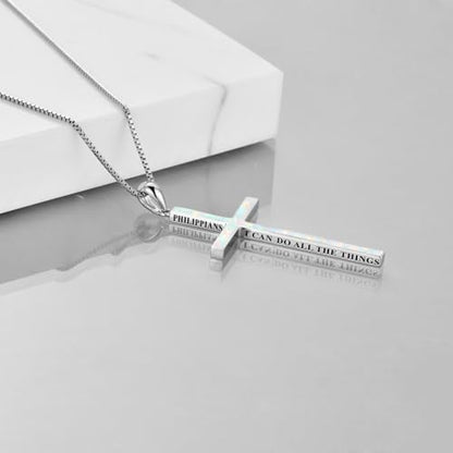 POPLYKE Cross Necklace 925 Sterling Silver Philippians 4:13 I Can Do All The Things Inspirational Necklace Gifts for Women Men 20+2'' - color: White Opal