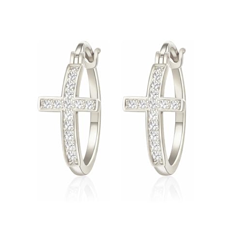 Cross Hoop Earrings for Women by Ginger Lyne – 20 or 30mm 14KT Gold Plated with Clear Cubic Zirconia – Jesus Religious Christian Jewelry for Church or All Occasion Wear - color: SilverTone-20mm
