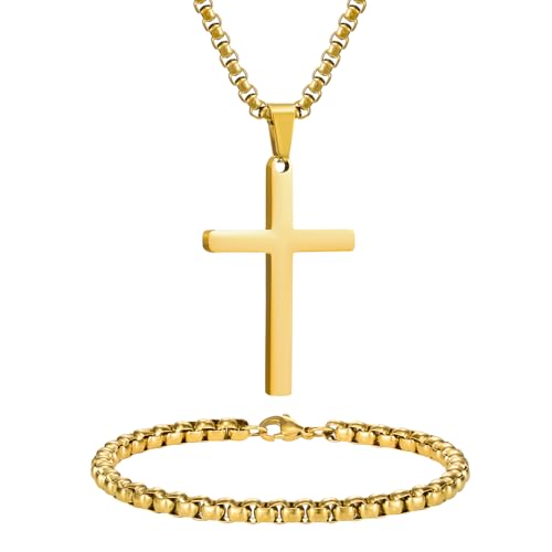 NORBU Stainless Steel Cross Necklace and Bracelet Set for Men, Cuban Link - color: Gold Box