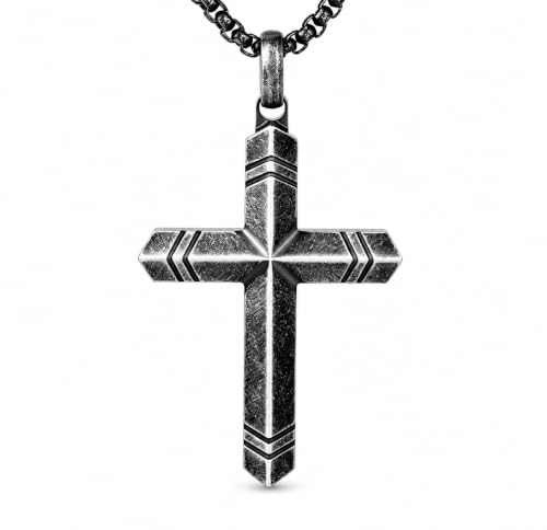 Stainless Steel Cross Necklace for Men with Adjustable Box Chain Christian Cross neckalce Gift - color: Grey-Black