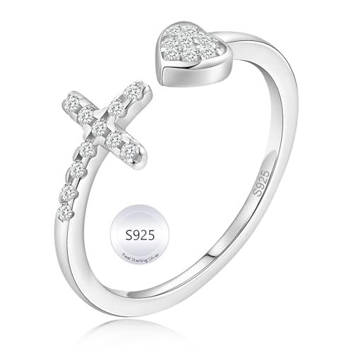 Adjustable Cross Rings for Women - 925 Sterling Silver Christian Rings for Daughter, Dainty Heart Rings, Non-Tarnish Faith Rings for Women & Daughter - Meaningful Easter, Christmas, or Birthday Gift