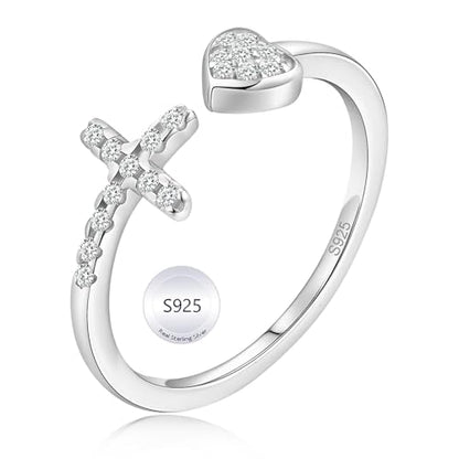 Adjustable Cross Rings for Women - 925 Sterling Silver Christian Rings for Daughter, Dainty Heart Rings, Non-Tarnish Faith Rings for Women & Daughter - Meaningful Easter, Christmas, or Birthday Gift