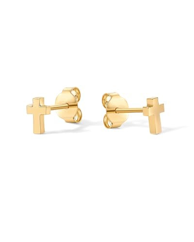PAVOI 14K Gold Plated 925 Sterling Silver Posts Cross Earrings for Women | Small Religious Faith Cubic Zirconia Cross Studs Huggies Earrings - style: Plain Stud