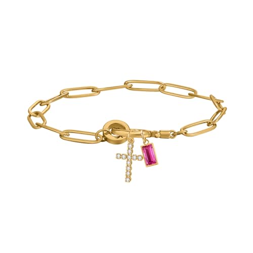 Paperclip Birthstone Cross Charm Bracelet – 18K Gold Plated Link Chain with Cross Charm & Personalized Birthstone, Adjustable Faith Jewelry Gift for Women, Baptism Confirmation Birthday - color: July - Ruby