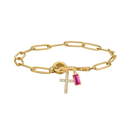 Paperclip Birthstone Cross Charm Bracelet – 18K Gold Plated Link Chain with Cross Charm & Personalized Birthstone, Adjustable Faith Jewelry Gift for Women, Baptism Confirmation Birthday - color: July - Ruby