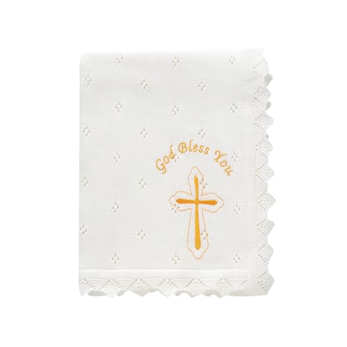 Baby Christening Blanket Cotton Soft Knit with Stitching Cross - color: White-glod