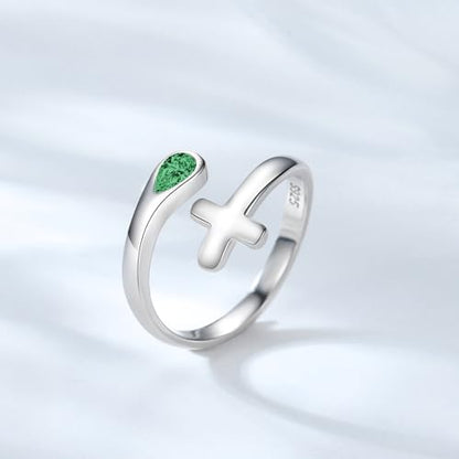 Jinlou Thumb Rings for Women - 925 Sterling Silver Birthstone Open Teardrop Encouragement Adjustable Ring Women Gifts for Teens Mom Birthday Mother's Day St Patricks Day - color: May, style: Cross CZ Ring