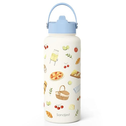 SANDJEST Picnic Gift for Women, Water Bottle Stainless Steel 32oz with Lid & Straw, Summer Vibe Insulated Bottles Gifts for Girls Friends Teens Birthday Christmas - color: Picnic