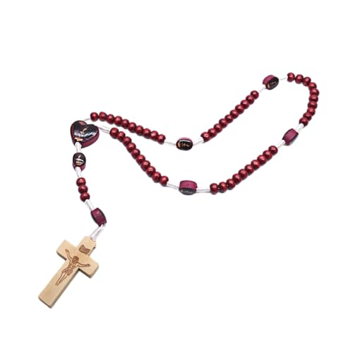 Handmade Wooden Crucifix Rosary Beads Chain Pendant Necklace Colorful Love Heart Catholic Cross Virgin Mary Jesus Necklace for Women Men Religious Lord Praying Jewelry - color: Black