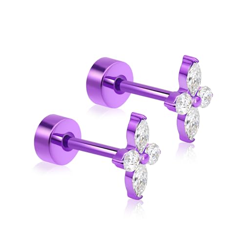 XUU Purple Stud Earrings 20G ASTM F136 Implant-Grade Titanium - color: purple lily
