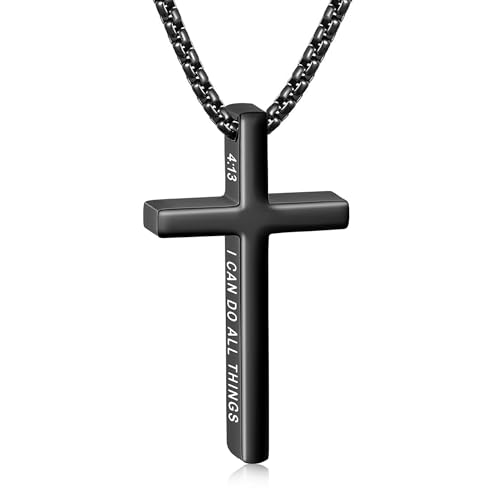 Avotto 316L Stainless Steel Bible Verse Cross Necklace Religious Jewelry Gifts for Men Boys, Silver Gold Black Mens Boys Necklace Non-Fading Sturdy Box Chain with Inspirational Cross Pendant 18+2Inch - color: Black, style: 4:13