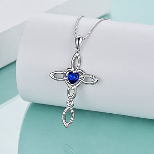 Celtic Knot Cross Pendant Necklace Sterling Silver Religious Irish Infinity Love Heart Irish Celtics Necklace Jewelry Mothers Day Birthday Gifts for Women Girls - color: Silver September cross necklace