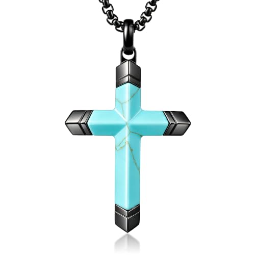 Lapis Lazuli/Amethyst Cross Necklace for Men Waterproof and Sweat-Resistant Suitable for both men and women With Adjustable Box Chain Christian Jewelry Father Day Gifts for Men - color: Black&Sky Blue