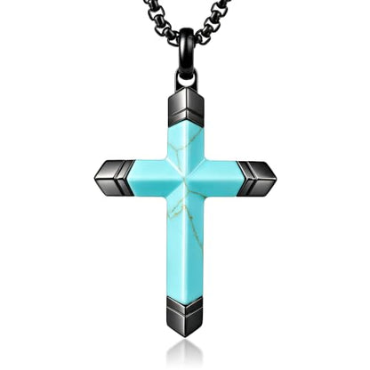 Lapis Lazuli/Amethyst Cross Necklace for Men Waterproof and Sweat-Resistant Suitable for both men and women With Adjustable Box Chain Christian Jewelry Father Day Gifts for Men - color: Black&Sky Blue