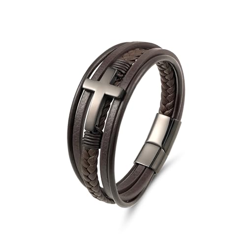 Mens Leather Cross Bracelet Braided Multi Layer Wristband with Stainless Steel Clasp - Christian Religious Gifts for Him(Brown/Black/Blue) - color: Brown Leather&Black, size: 9in(Fits larger wrists)