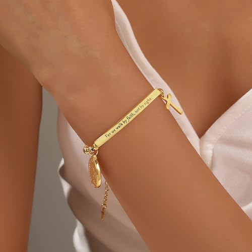 DS Women Christian Charm Bracelet,Cross Scripture Stainless Steel Jewelry - style: For we walk by faith, not by sight.-Gold