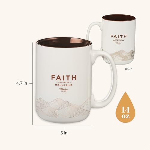 Christian Art Gifts Ceramic Coffee & Tea Mug for Men & Women - color: Faith Moves Mountains/White & Brown