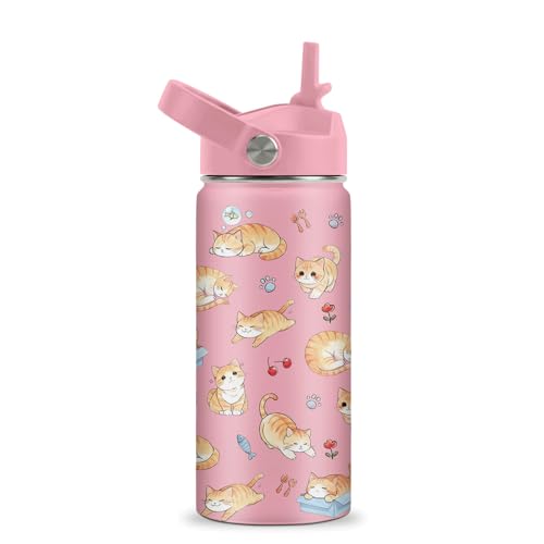 Cat Water Bottle for Girls - 16oz Cat Stainless Steel Water Bottle with Straw - Cute Cats Insulated Cup - Pink Cats Kids Tumbler for School, Sports, Travel - color: Cat01, size: 16 Ounces